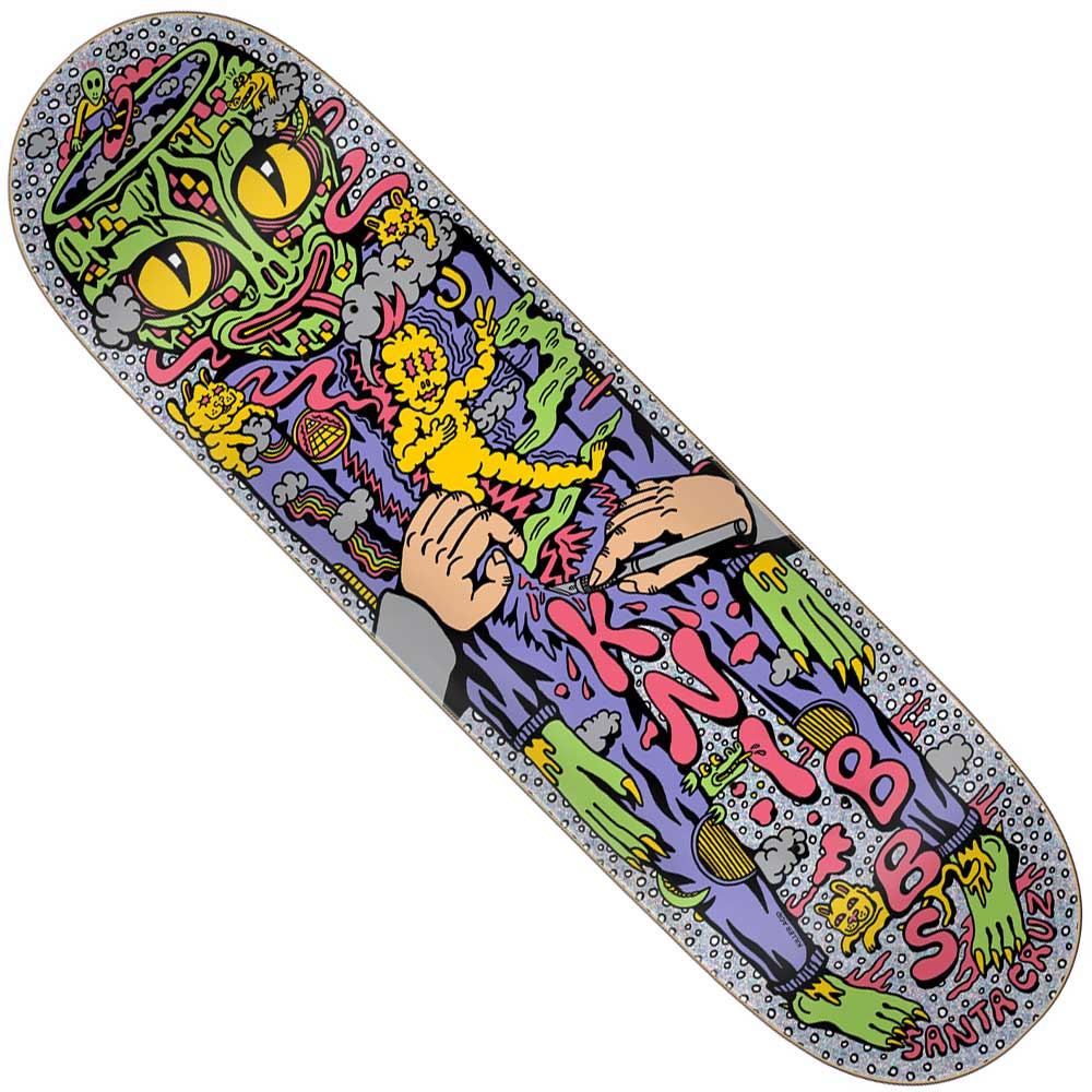 The Knibbs Reptilian Pro 8.5in x 31.6in Santa Cruz Skateboard Deck showcases vibrant psychedelic art with a green cat, yellow eyes, melting hands, neon figures, swirling patterns, and colorful chaotic details.