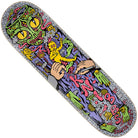 The Knibbs Reptilian Pro 8.5in x 31.6in Santa Cruz Skateboard Deck showcases vibrant psychedelic art with a green cat, yellow eyes, melting hands, neon figures, swirling patterns, and colorful chaotic details.
