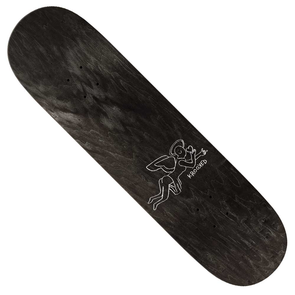The Knox Angel 8.5 Krooked Skateboards Deck is black and features a white line drawing of the Knox Angel holding a skateboard, with "KROOKED" printed below the artwork.