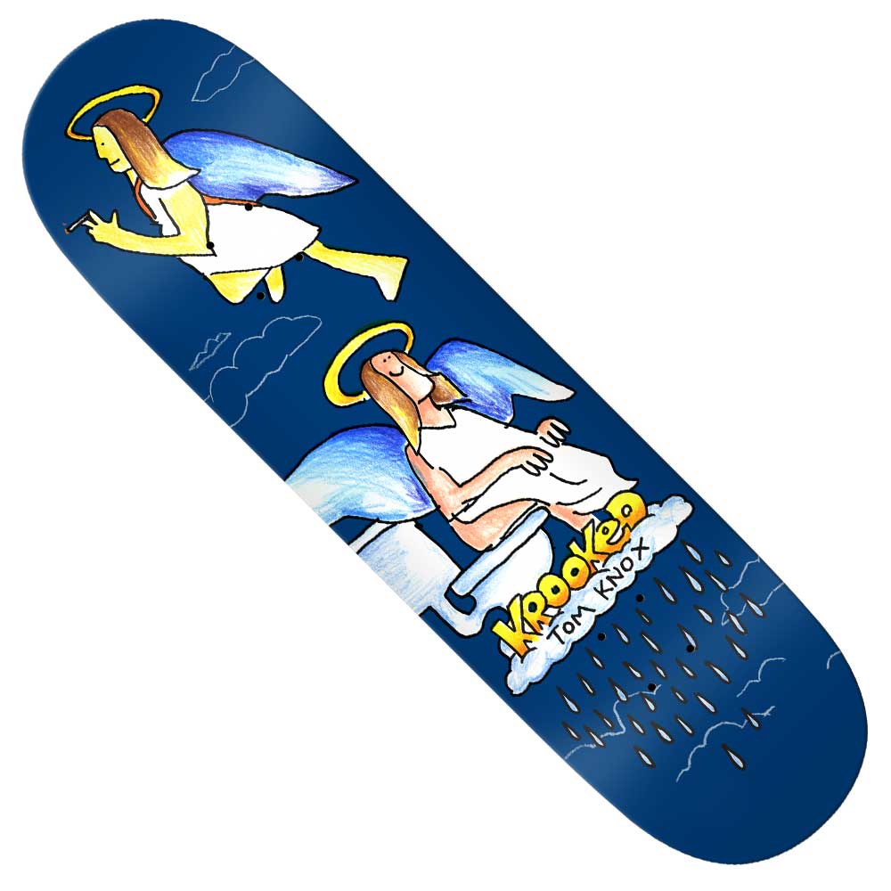 The Knox Angel 8.5 Krooked Skateboards Deck is blue and features two cartoon angels—one flying, one playing keyboard on a cloud—with "Knox Angel" and "Krooked for Knox" below and raindrops falling from the cloud.