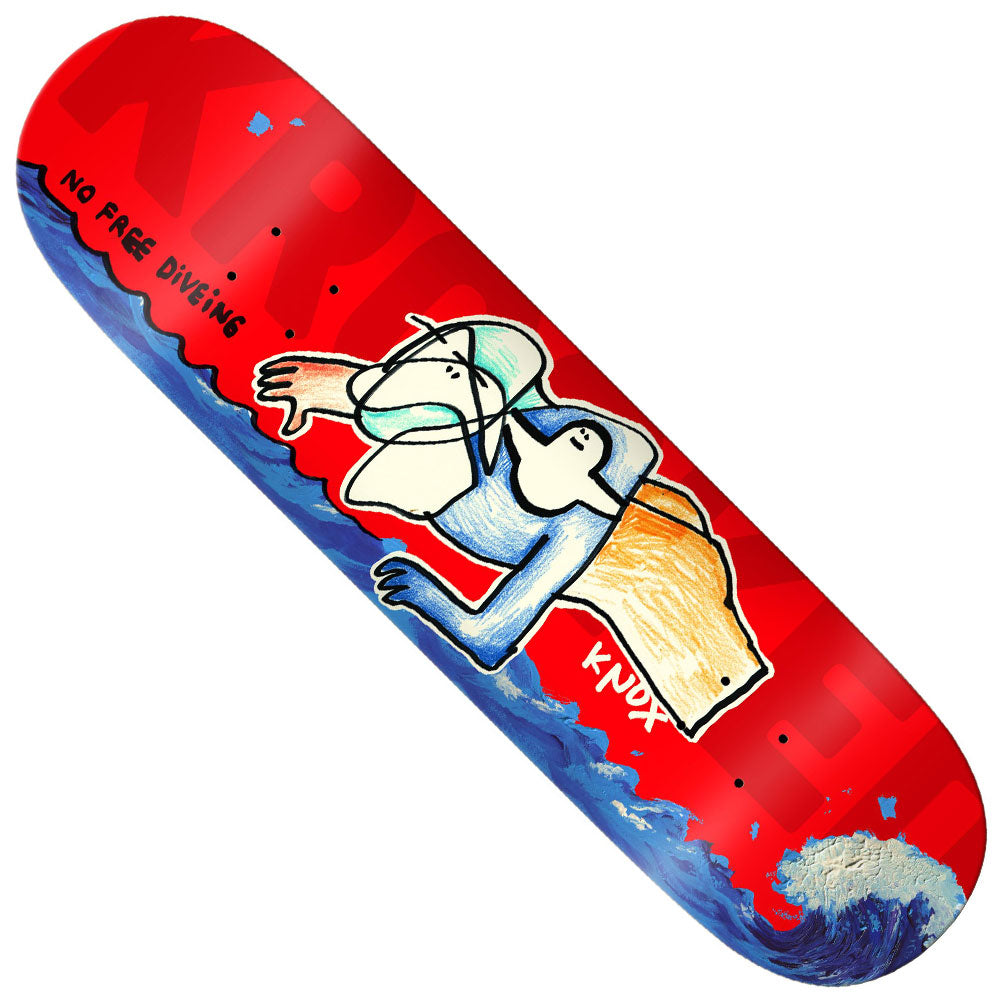 The Knox Free Dive 8.5x32.18 Krooked Skateboards Deck showcases a vibrant red design featuring abstract art of a snorkeler gliding above blue waves, with “NO FREE DIVIN” inscribed on the left and “KROOKED” partially visible in the background—combining bold artwork with signature brand style.
