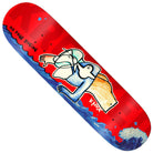 The Knox Free Dive 8.5x32.18 Krooked Skateboards Deck showcases a vibrant red design featuring abstract art of a snorkeler gliding above blue waves, with “NO FREE DIVIN” inscribed on the left and “KROOKED” partially visible in the background—combining bold artwork with signature brand style.
