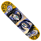 Introducing the Knox Watcher 8.5 Krooked Skateboards Deck—a vibrant yellow skateboard deck showcasing an abstract face with two blue eyes, a blue nose, and a central ear. The iconic "KROOKED" logo appears on the top left, highlighting this standout design from Krooked Skateboards. As part of the Knox Watcher series, this deck offers striking artwork paired with quality construction.