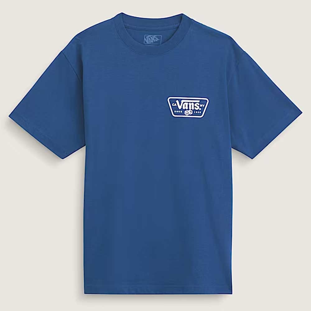 The Knu Patch VN000WU85TU1 True Navy Blue Short Sleeve Tee from Vans Skateboarding, made of 100% cotton, features a small white Vans Off The Wall logo on the left chest and is shown on a plain light background.