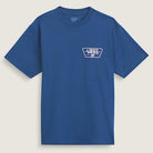The Knu Patch VN000WU85TU1 True Navy Blue Short Sleeve Tee from Vans Skateboarding, made of 100% cotton, features a small white Vans Off The Wall logo on the left chest and is shown on a plain light background.