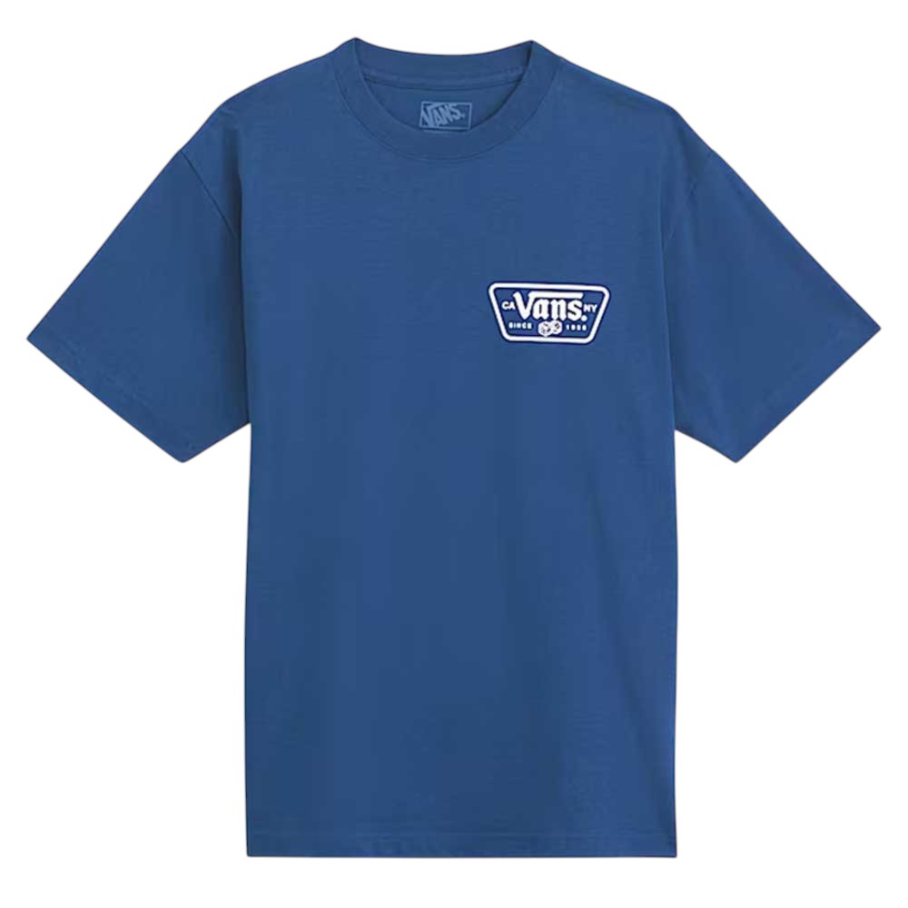 A Knu Patch VN000WU85TU1 True Navy Blue Tee from Vans Skateboarding, featuring a small white Vans logo on the left chest, crafted from 100% cotton for comfort and durability, shown on a white background.