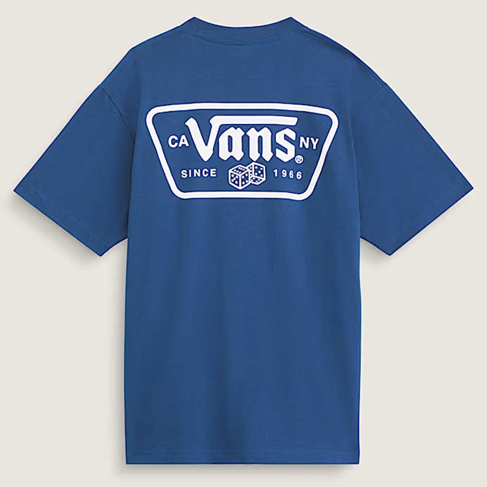 The Vans Skateboarding Knu Patch VN000WU85TU1 True Navy Blue Short Sleeve Tee features a loose fit, large white "CA Vans NY Since 1966" logo on the back in a bold outlined rectangle, and is made from soft 100% cotton for all-day comfort.