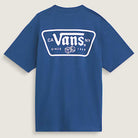 The Vans Skateboarding Knu Patch VN000WU85TU1 True Navy Blue Short Sleeve Tee features a loose fit, large white "CA Vans NY Since 1966" logo on the back in a bold outlined rectangle, and is made from soft 100% cotton for all-day comfort.
