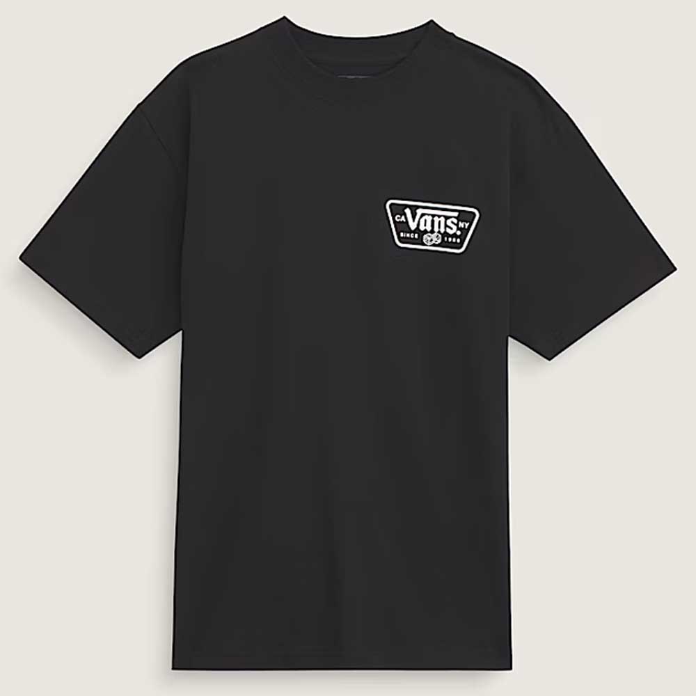 The Knu Patch VN000WU8BLK1 Black Short Sleeve Tee from Vans Skateboarding is a loose-fit, 100% cotton t-shirt with a small white logo on the upper left chest, shown against a plain light background.