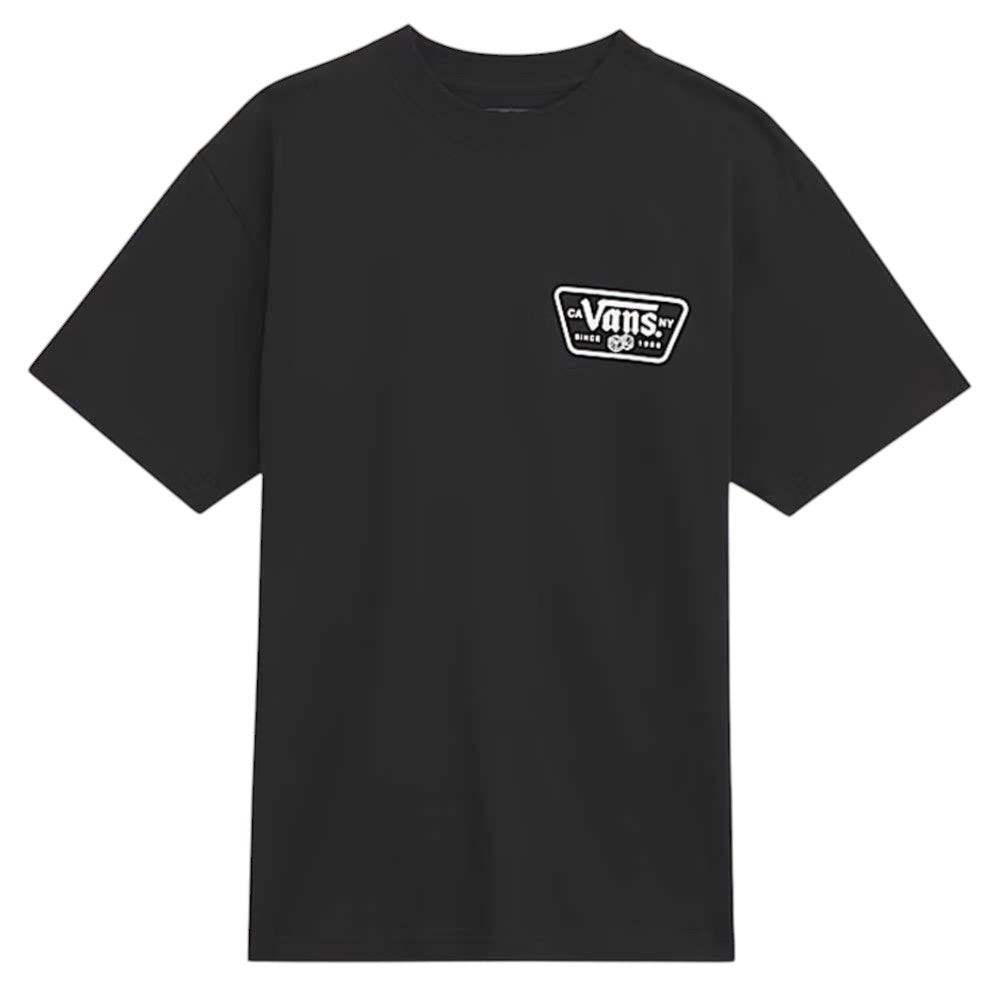 Knu Patch VN000WU8BLK1 Black Tee by Vans Skateboarding is a short-sleeve, 100% cotton t-shirt in black, featuring a small white Vans logo patch on the left chest. Designed for comfort with a loose fit, this tee appears plain with no additional designs or patterns.