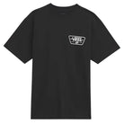 Knu Patch VN000WU8BLK1 Black Tee by Vans Skateboarding is a short-sleeve, 100% cotton t-shirt in black, featuring a small white Vans logo patch on the left chest. Designed for comfort with a loose fit, this tee appears plain with no additional designs or patterns.