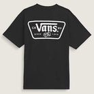 The Knu Patch VN000WU8BLK1 Black Short Sleeve Tee from Vans Skateboarding is a loose-fit, 100% cotton t-shirt with a bold back graphic: large white Vans logo, "CA Vans NY Since 1966" text, and two dice in a geometric patch.
