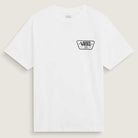 Knu Patch VN000WU8WHT1 White Short Sleeve Tee by Vans Skateboarding, featuring a small black Vans Off the Wall logo on the left chest, crafted from 100% cotton and shown on a plain light background.