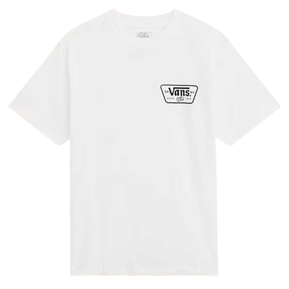 Introducing the Knu Patch VN000WU8WHT1 White Tee from Vans Skateboarding—a loose fit, 100% cotton t-shirt in plain white. It features a small, rectangular black Vans logo patch with rounded edges and a skateboard design on the left chest, delivering both comfort and laid-back style.