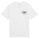 Introducing the Knu Patch VN000WU8WHT1 White Tee from Vans Skateboarding—a loose fit, 100% cotton t-shirt in plain white. It features a small, rectangular black Vans logo patch with rounded edges and a skateboard design on the left chest, delivering both comfort and laid-back style.