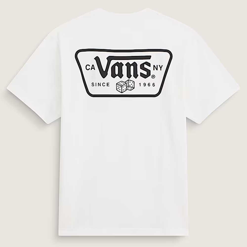 The Knu Patch VN000WU8WHT1 White Short Sleeve Tee by Vans Skateboarding features a loose fit, 100% cotton construction, and a large black-outlined back patch with the Vans logo, dice graphic, and "CA NY, Since 1966" text.