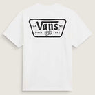 The Knu Patch VN000WU8WHT1 White Short Sleeve Tee by Vans Skateboarding features a loose fit, 100% cotton construction, and a large black-outlined back patch with the Vans logo, dice graphic, and "CA NY, Since 1966" text.