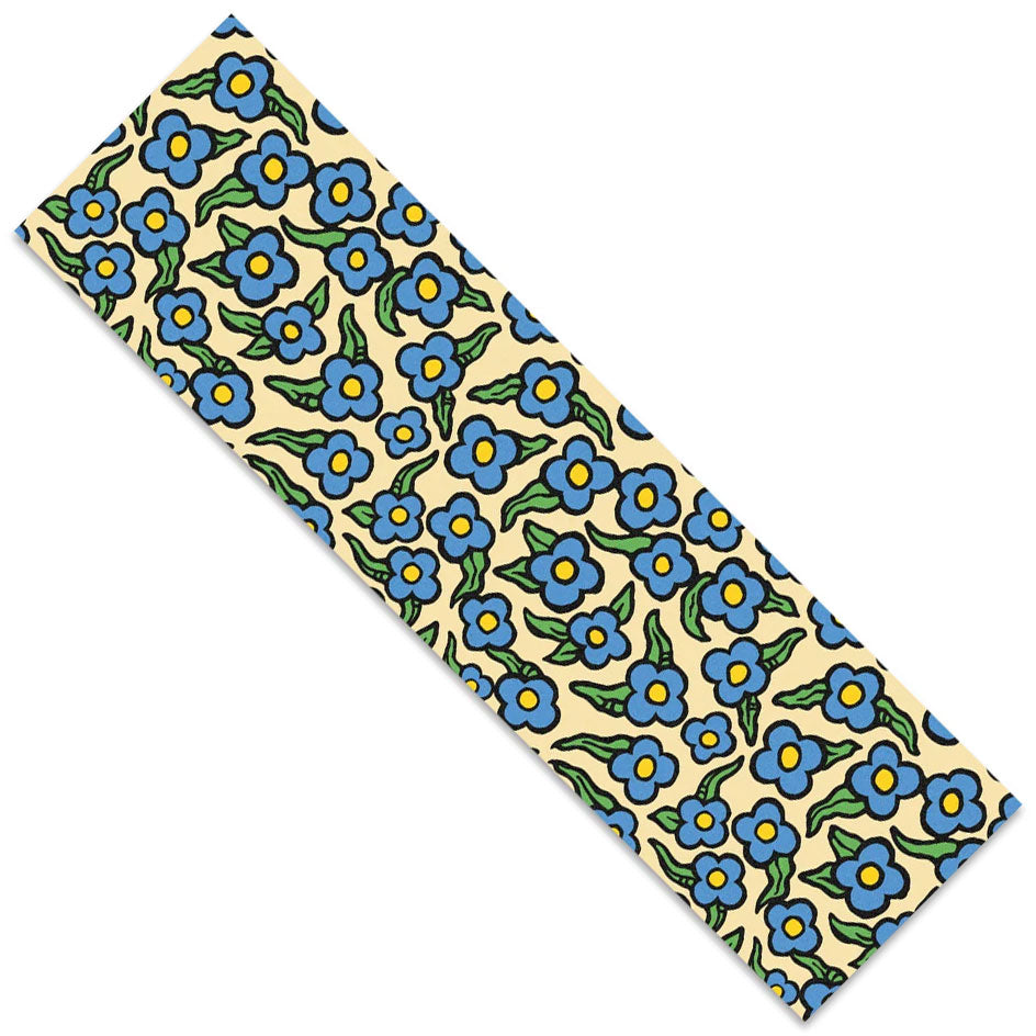 Krooked Skateboards Griptape Blue Sweatpants CLEAR, measuring 9″ x 33″, featuring a repeating pattern of blue flowers with yellow centers and green leaves on a pale yellow background.