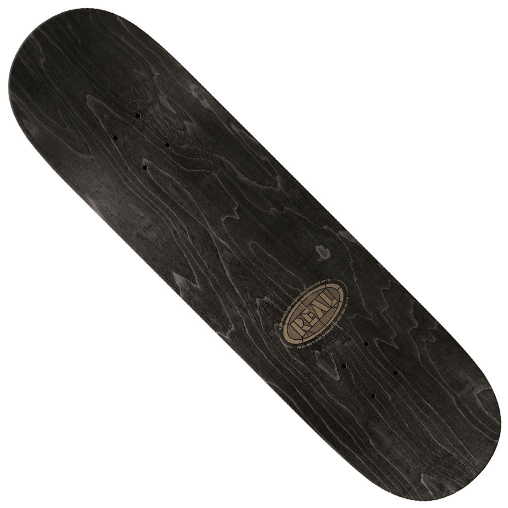 An overhead view of the Kyle Black Sun Cathedral 8.38x32.25 Real Skateboard Deck reveals a black wood finish with a subtle grain pattern and a small oval logo near one end, exemplifying understated style and quality craftsmanship.