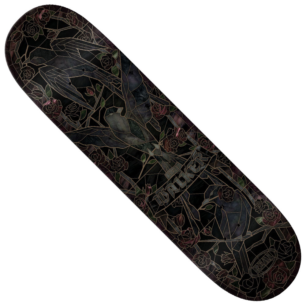 The Kyle Black Sun Cathedral 8.38x32.25 Real Skateboard Deck showcases a striking stained-glass-inspired design in dark tones, featuring two birds and vibrant red roses. Stylized, transparent “BAKER” lettering appears near the bottom right, making this deck a standout piece for any collection inspired by the Black Sun Cathedral series from Real Skateboards.