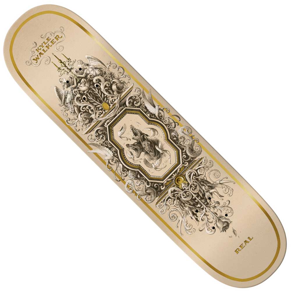 The Kyle Cerberus 8.25 True Fit Deck by Real Skateboards showcases elaborate black and gold artwork with detailed scrollwork and a striking central graphic of a wolf and a rabbit. The deck prominently features the names “Kyle Walker” and “REAL,” making it an ideal choice for enthusiasts of the Kyle Cerberus series looking for both style and performance.