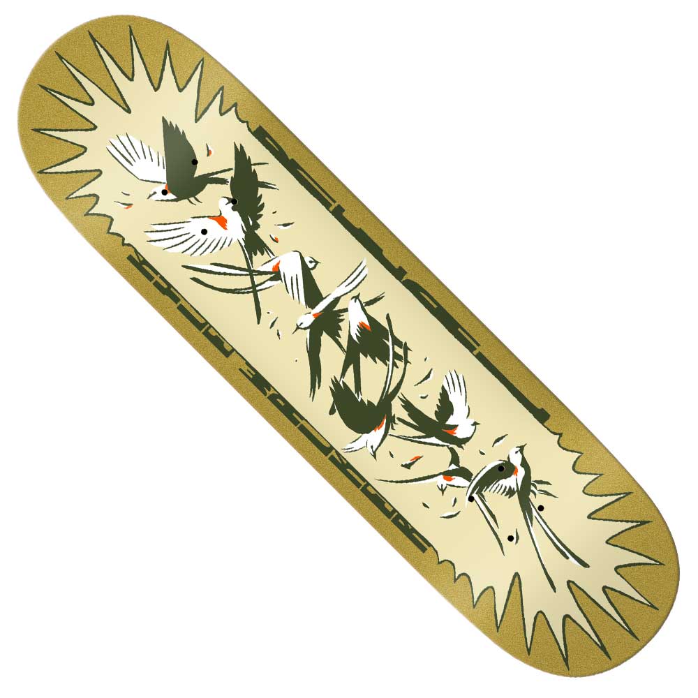 The Kyle ER Flock 8.38 Real Skateboards Deck has a golden background with an abstract black and white bird design, red accents, and jagged rays along the edges, designed by Kyle ER.