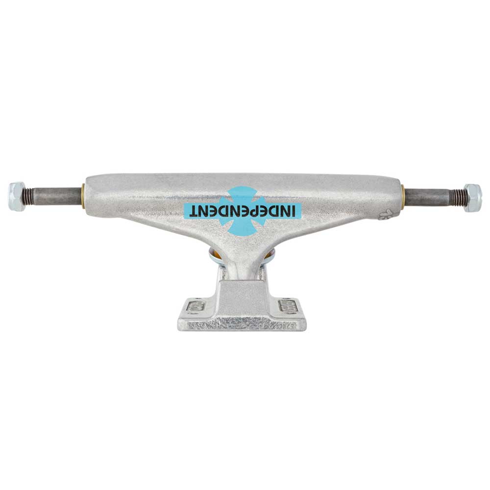 Legacy OGBC INDY 139 Polished Silver Standard Stage 11 skateboard trucks are displayed against a white background, featuring a blue Independent logo and showcasing the reliable quality and strength of Independent trucks.