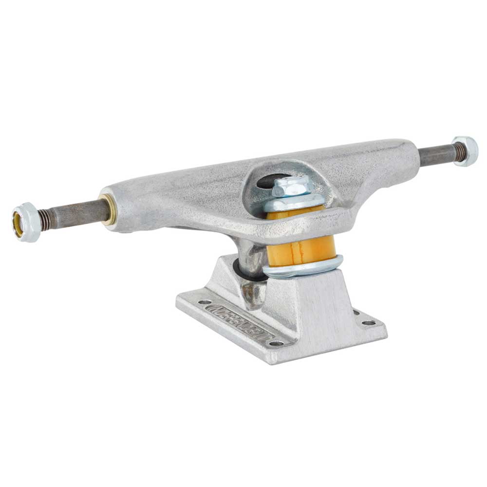 The Legacy OGBC INDY 139 Polished Silver Standard Stage 11 Trucks Set of TWO features a durable, silver aluminum construction with yellow bushings and a metal axle, showcased against a white background.