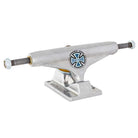 A pair of Legacy Truck Co INDY 139 Polished Silver Standard Stage 11 Trucks, featuring a blue and black Independent logo on the hanger, shown isolated on a white background—ideal for riders seeking durable skateboard trucks.