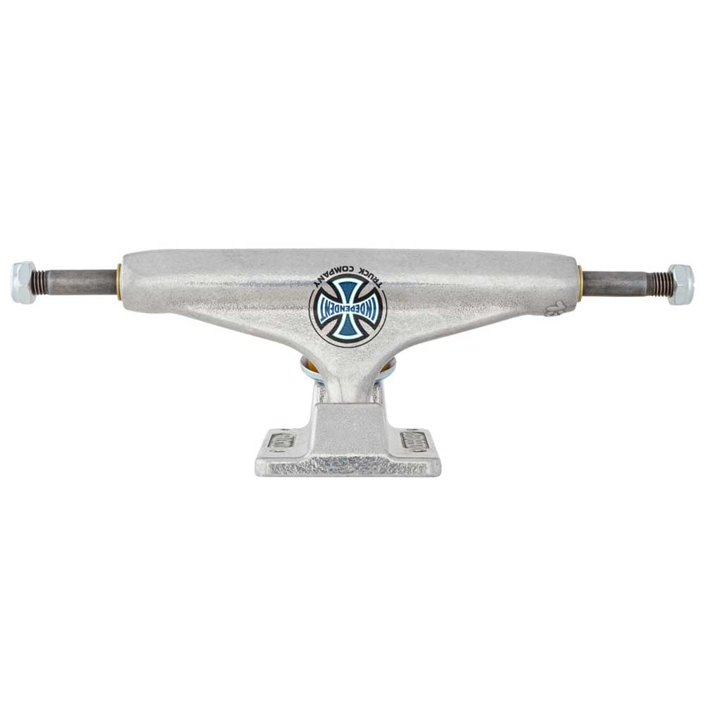 A pair of Legacy Truck Co INDY 139 Polished Silver Standard Stage 11 Trucks is shown from the front, featuring a blue and black Independent logo in the center. The axle bolts are visible on both ends, highlighting these trucks’ durable and reliable construction.