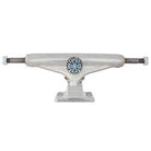 A pair of Legacy Truck Co INDY 139 Polished Silver Standard Stage 11 Trucks is shown from the front, featuring a blue and black Independent logo in the center. The axle bolts are visible on both ends, highlighting these trucks’ durable and reliable construction.