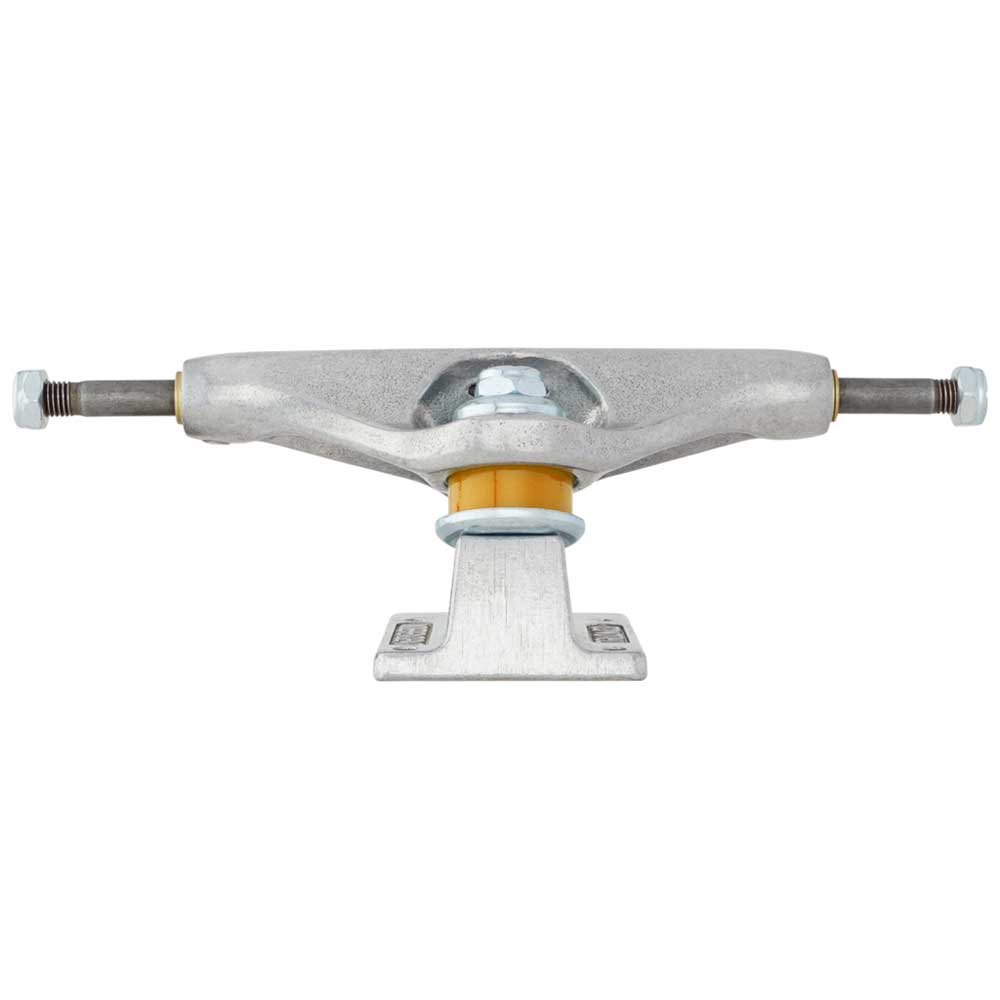 A set of Legacy Truck Co INDY 144 Polished Silver Standard Stage 11 Trucks is displayed from the front, featuring a central orange bushing and metallic bolts on either end of the axle—demonstrating the durable construction skaters depend on for lasting performance.