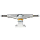 A set of Legacy Truck Co INDY 144 Polished Silver Standard Stage 11 Trucks is displayed from the front, featuring a central orange bushing and metallic bolts on either end of the axle—demonstrating the durable construction skaters depend on for lasting performance.