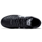 Top view of Leggerezza Asics Black Bright White 1201B045 leather skateboarding shoes with white side stripes, black laces, and a white ASICS logo on the tongue label, featuring a durable leather upper for lasting wear.