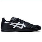 The Leggerezza Asics Black Bright White 1201B045 Leather Skateboarding Shoes feature a black design with white accents and side stripe, low profile, lace-up closure, and breathable mesh for comfort. Viewed from the left.