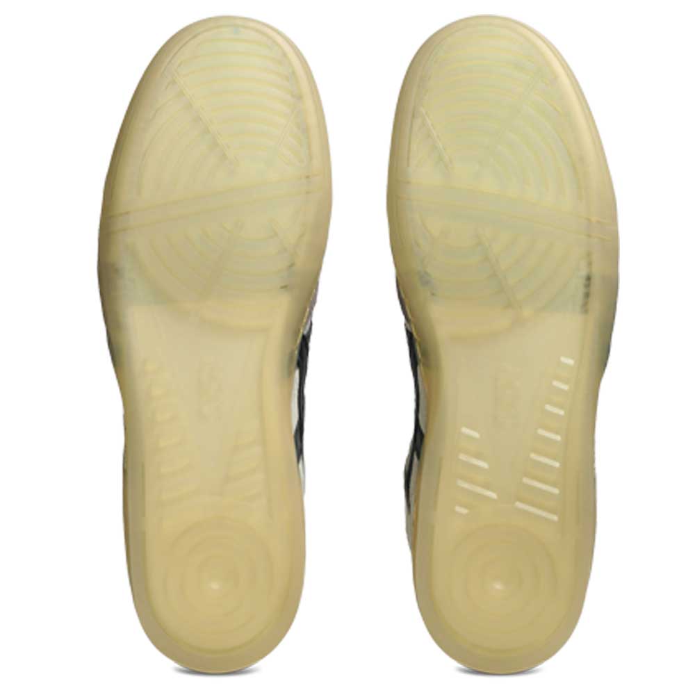 The Leggerezza Asics Oyster Grey Black 1203B087 020 Suede Skateboarding Shoes feature translucent light yellow rubber soles with circular and linear grip patterns, plus a breathable mesh design for added comfort.