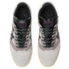 A pair of Leggerezza Asics Oyster Grey Black 1203B087 020 Suede Skateboarding Shoes viewed from above, featuring a light grey suede toe, black laces and stripes, purple ASICS tongue logos, and black insoles with small blue dots near the heels.