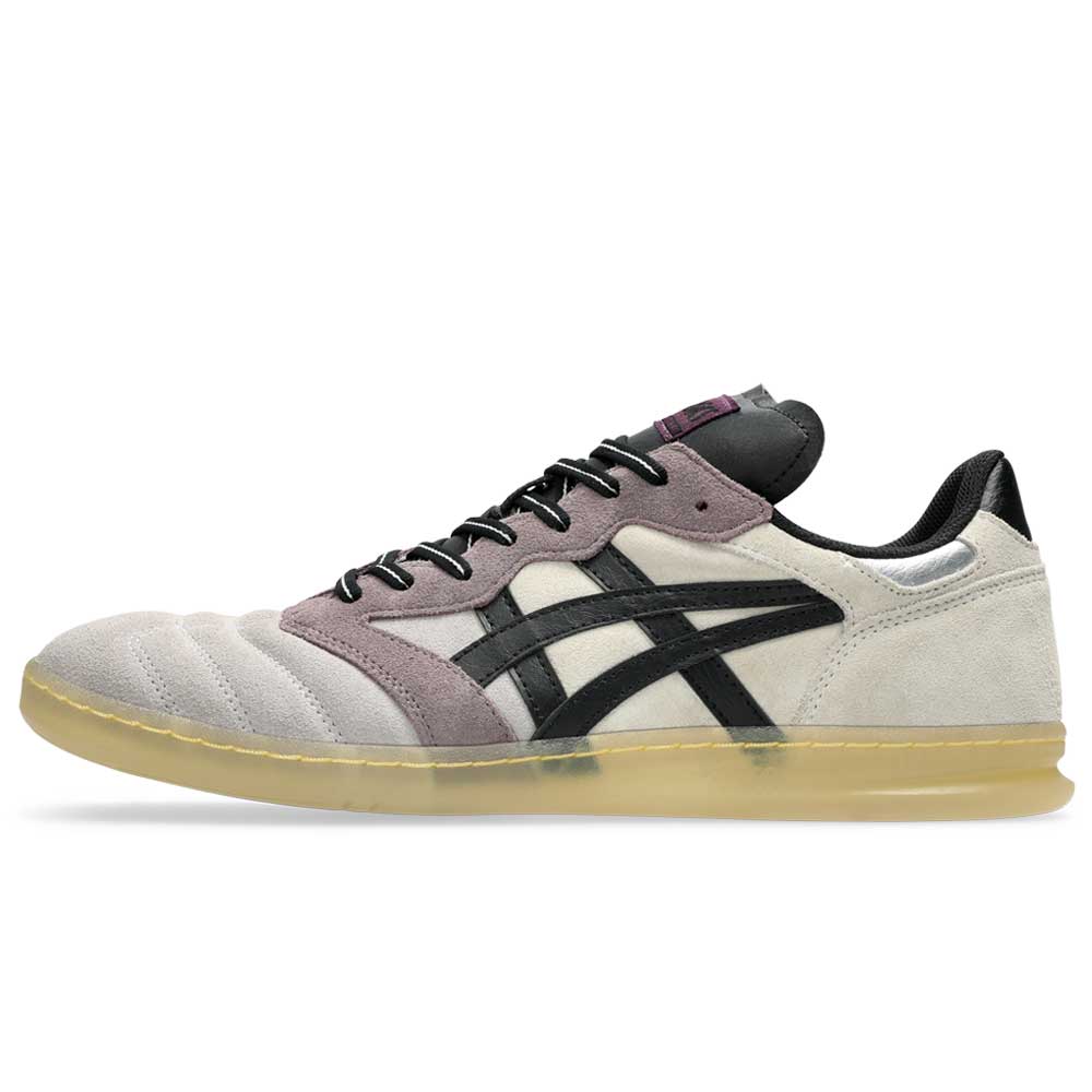 A side view of the Leggerezza Asics Oyster Grey Black 1203B087 020 Suede Skateboarding Shoes with a light gray and mauve suede upper, black laces and logo stripes, translucent gum sole, low profile, and black heel tab.