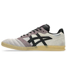 The Leggerezza Asics Oyster Grey Black 1203B087 020 Suede Skateboarding Shoes feature a suede upper in white and light gray, black laces and side stripes, and a translucent gum sole, inspired by the minimalist look of classic Asics soccer cleats.