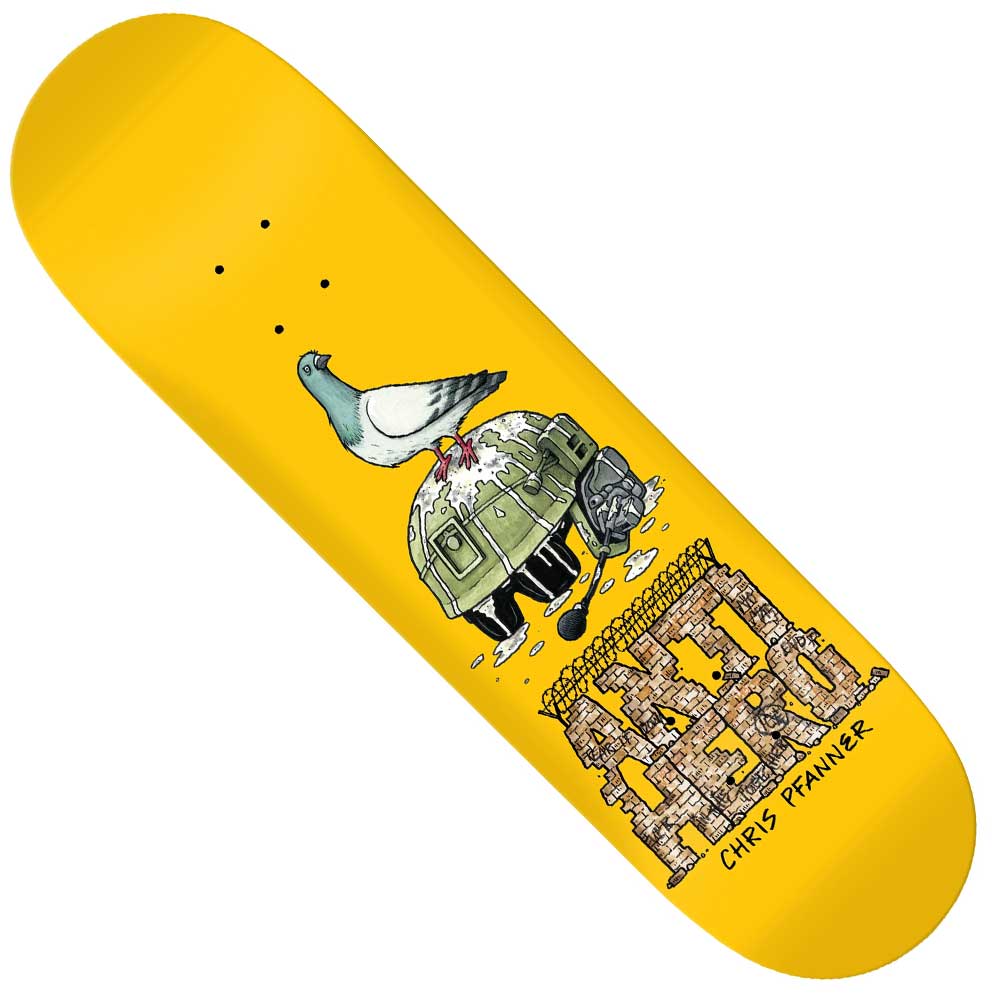 The Libertad 8.25x32 Pfanner Anti Hero Deck Skateboard features a yellow deck with Todd Francis art of a pigeon on a turtle, bold ANTI HERO text, Chris Pfanner's name, and a roomy 14.38” wheelbase for stability.