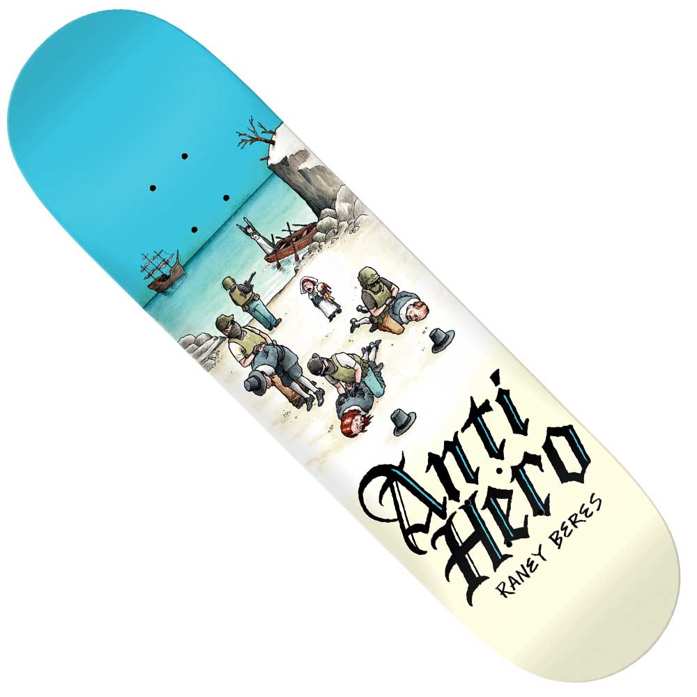 The Libertad 9x32.2 Raney Anti Hero Deck Skateboard features a 14.34" wheelbase anchor shape, blue-to-white fade top, and Todd Francis cartoon soldiers on a beach with an old ship. Bold black "Anti Hero" and "Raney Beres" text complete the design.