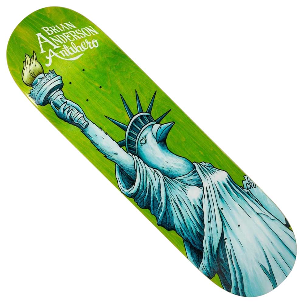 The Liberty BA 9 Various Stains Deck from Anti Hero Skateboards features a unique Statue of Liberty with a bird’s head graphic and bold Brian Anderson text, set against green for a standout look.