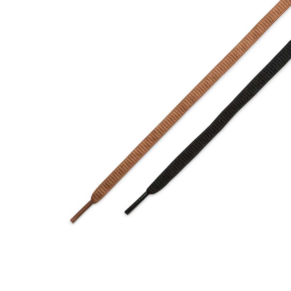 A close-up of two flat shoelaces, one brown and one black, lying side by side on a white background. Each lace is finished with a plastic aglet—an ideal accessory for the Light British Tan IQ6827200 Paul Rodriguez Zoom Air Low Suede Skateboarding Shoes, featuring a premium leather upper and advanced Air Zoom cushioning.