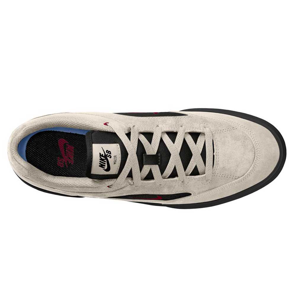 Top view of the Light Orewood FV6064104 Malor Nike SB kids' skate shoe in light grey, featuring black laces, a black tongue with a white Nike SB label, plus durable black and red accents.