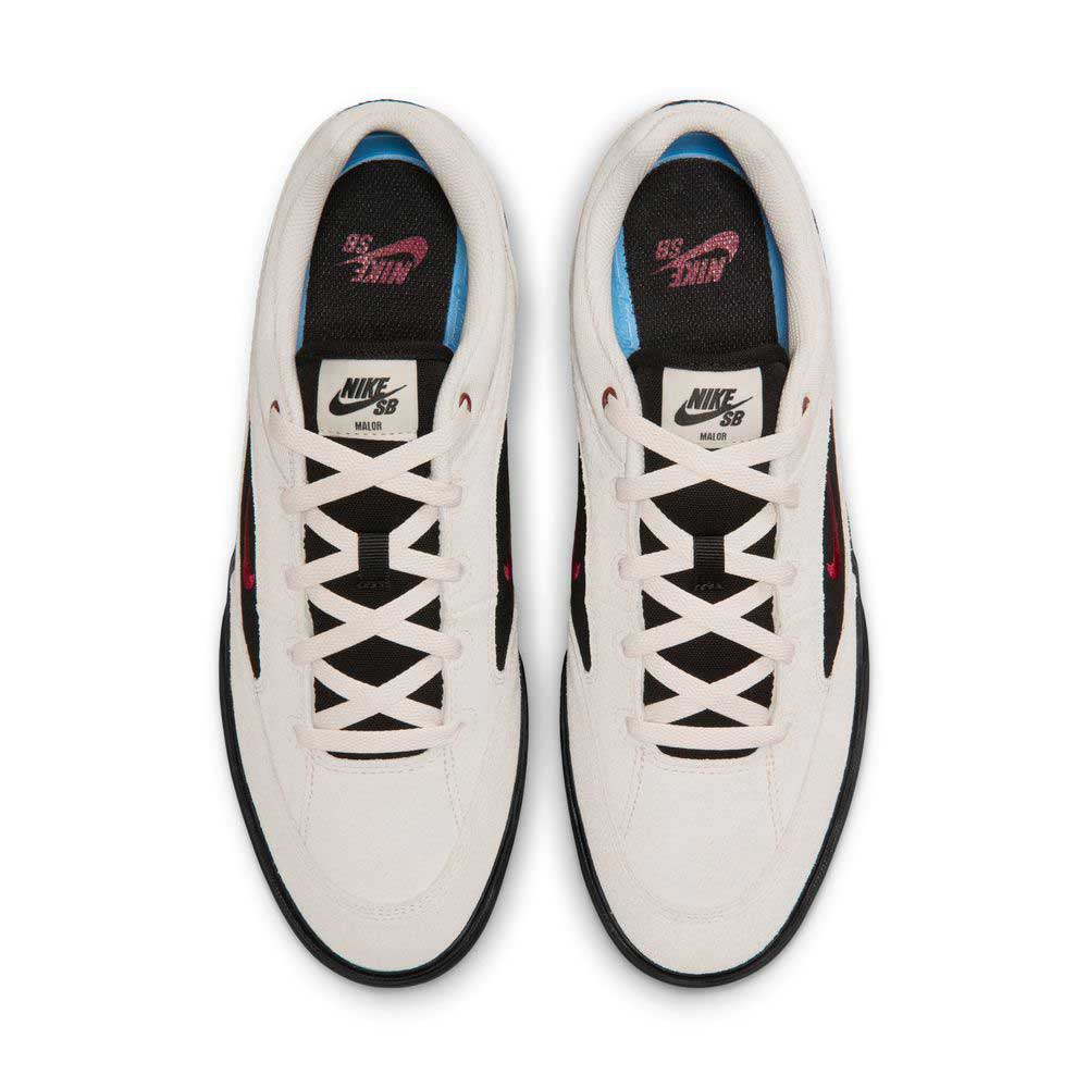 A pair of Light Orewood FV6064104 Malor Nike SB shoes with black detailing, red swooshes, black tongues, and white laces—perfect durable skate shoes for everyday sessions.