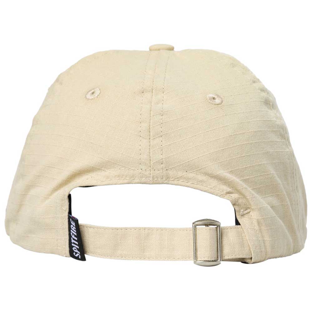 Lil Bighead Hat Khaki Strapback Spitfire Wheels baseball cap viewed from the back, featuring a khaki strapback with a metal buckle and a small black tag on the left side.
