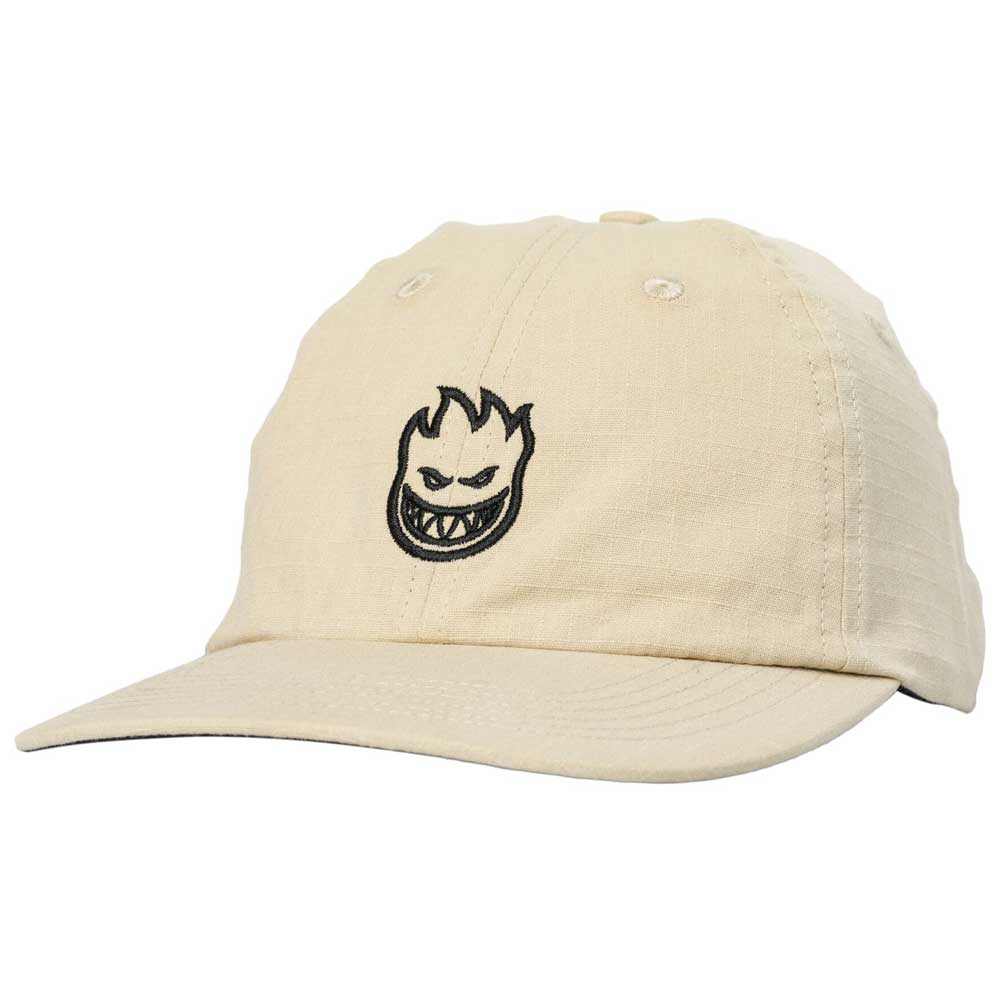 The Lil Bighead Hat Khaki Strapback by Spitfire Wheels is a beige baseball cap with a curved brim, showcasing a black embroidered cartoon flame face with sharp teeth and eyes on the front, capturing the signature Spitfire Wheels style. This hat features an adjustable khaki strapback for a customizable fit.