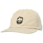 The Lil Bighead Hat Khaki Strapback by Spitfire Wheels is a beige baseball cap with a curved brim, showcasing a black embroidered cartoon flame face with sharp teeth and eyes on the front, capturing the signature Spitfire Wheels style. This hat features an adjustable khaki strapback for a customizable fit.
