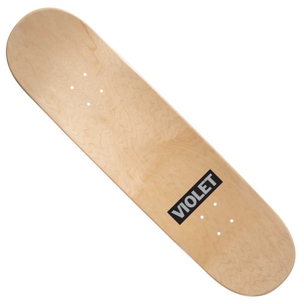 A Lillipop Green 8.25 Violet Skateboards deck featuring a plain wooden design and a black rectangular sticker reading "VIOLET" in white letters near the end of the deck.
