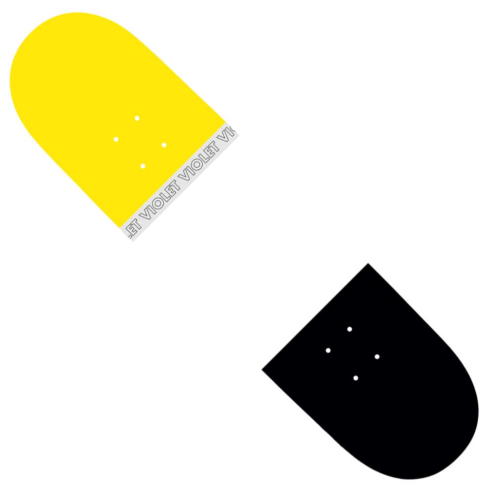Two skateboard decks on a white background: the yellow Lillipop Yellow 8.25 Violet Skateboards Deck in the top left, featuring small "ET VIOLET VIOLET VIOLET VL" text at its bottom edge, and a black deck in the bottom right.